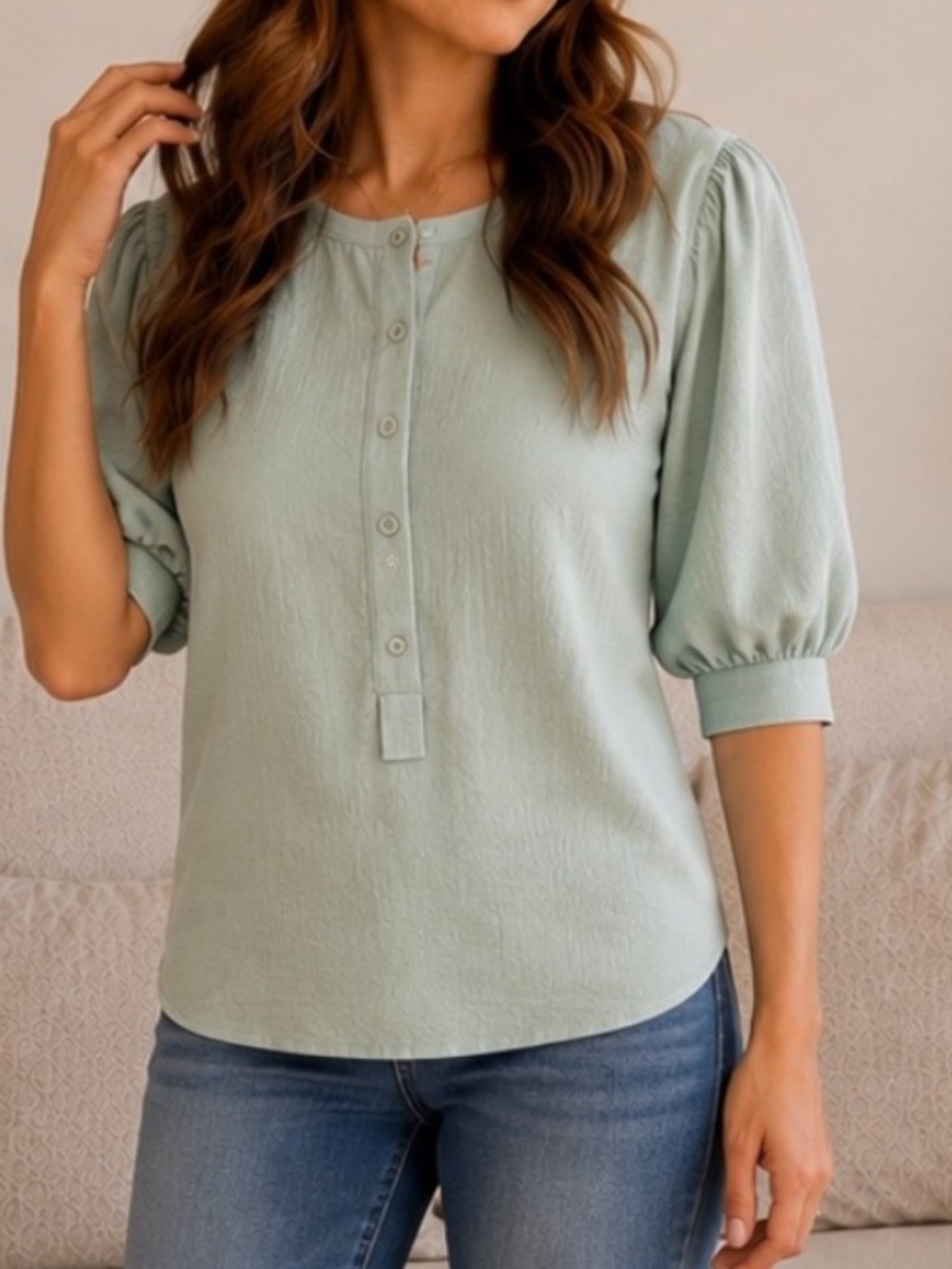 LOFT Sage Green Ribbed Puff Sleeve Henley Top Balloon Sleeve Blouse Size M